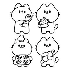 kawaii Cats with Bakery element outline doodle hand drawn cartoon art illustration