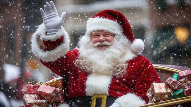 Santa Claus joyfully waving from a festive sleigh filled with colorful presents on a snowy day