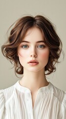 Fototapeta premium A woman with brown hair and blue eyes is wearing a white shirt
