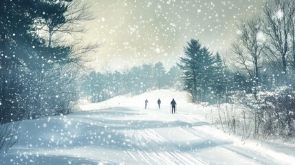 Winter snowfall providing peaceful settings for outdoor activities like skiing and snowshoeing. Illustrations