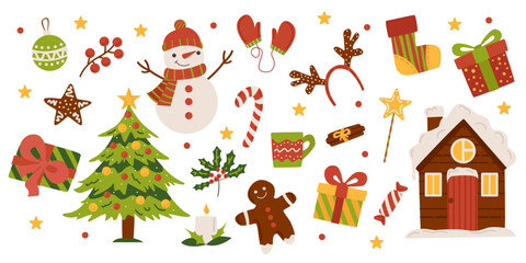Cozy collection of Christmas and New Year items. Set of traditional winter symbols, decorations christmas tree, wreath, candles, clothes and other. Colored flat illustration