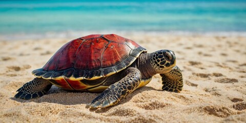 Fototapeta premium Turtle in Red Sunglasses and Hawaiian Shirt Lounging on a Sandy Beach by Turquoise Waters