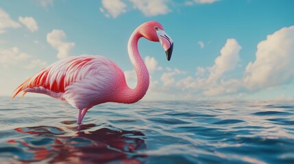 Realistic Rendering of a Pink Flamingo Standing on Water