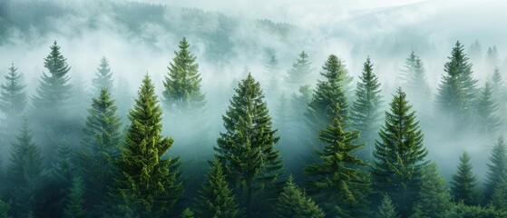 Fototapeta premium Tall Evergreen Trees Emerge From Fog in a Dense Mountain Forest