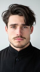 Fototapeta premium A man with a beard and a mustache is wearing a black shirt and a black jacket