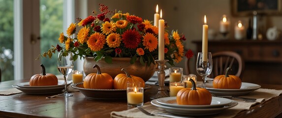 Autumnal Table Setting: Warm candlelight illuminates a rustic wooden table adorned with a vibrant autumnal floral arrangement, miniature pumpkins, and elegant place settings.