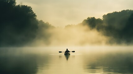 A serene Sunday morning by the lake, with mist rising and a person kayaking peacefully, Sunday kayaking, nature and peace