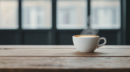 steaming cup of coffee sits on wooden table, with blurred window background creating cozy atmosphere