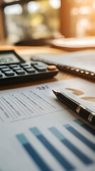 Closeup of a business plan document with financial graphs and a calculator