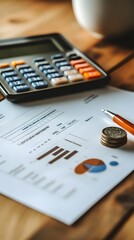 Closeup of a business plan document with financial graphs and a calculator