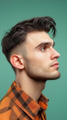 Obraz premium A man with a shaved head and a beard is wearing an orange shirt