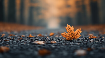 Fototapeta premium single orange leaf rests on gravel path, surrounded by blurred forest background, evoking sense of autumn tranquility