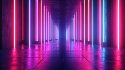 A vibrant hall illuminated with glowing neon lights, creating a futuristic atmosphere and reflecting colorful patterns on the floor.
