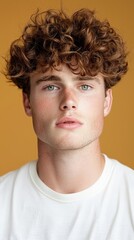 Fototapeta premium A man with a beard and a messy hair style is wearing a white shirt