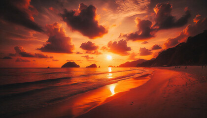 Obraz premium A stunning sunset over a tranquil beach, with vibrant orange skies reflecting on calm waters, creating a peaceful, warm ambiance