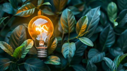 Light bulb illuminated among green leaves representing the fusion of nature and clean energy in a lush environment