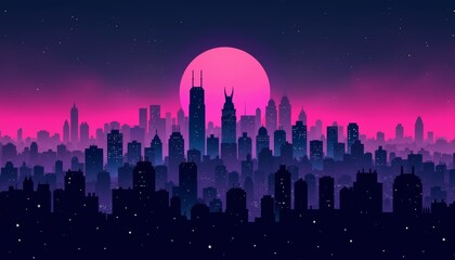 Fototapeta premium Vaporwave cityscape silhouette against a vibrant pink sunset with a starry night sky