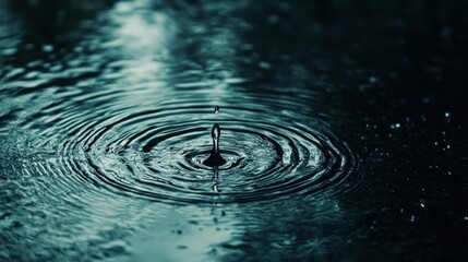 A raindrop falls into a puddle, creating ripples. The background is dark and dramatic, evoking a sense of sadness and moodiness.
