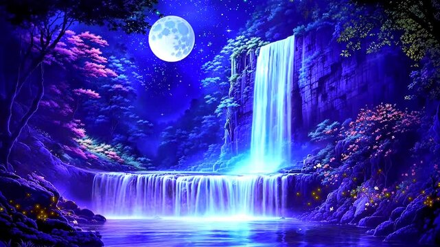 the atmosphere of a waterfall in the mountains when the moon shines