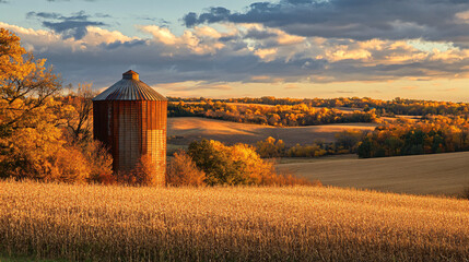 A historic grain silo nestled among golden fields, representing the bounty of Thanksgiving harvest.