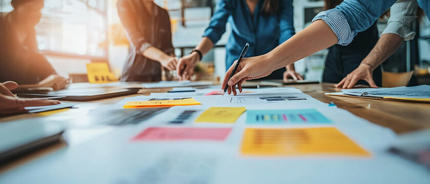Innovative Marketing Team Brainstorming 3D Banner Ideas on Digital Whiteboard in Open Office Setting
