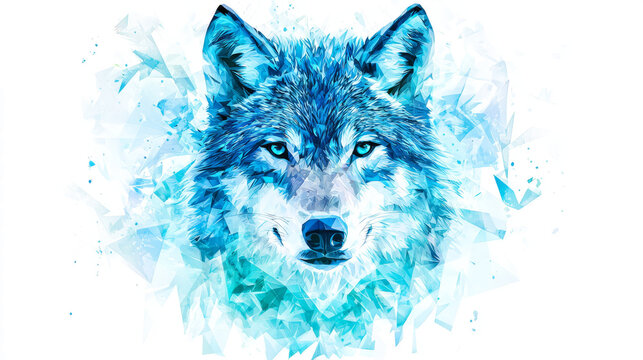 Low poly wolf head with icy blue and cyan glowing geometric patterns, isolated on a bright white background