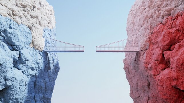 Bridge of Ideological Divide - Symbolic Suspension Between Red and Blue Cliffs Disconnected by Perspectives | Ultra-Detailed Photo