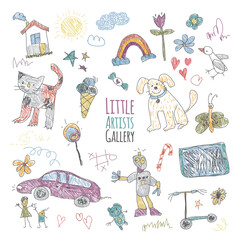 Set of childrens doodles. Kids drawings vibrant collection. Artwork featuring a mix of colorful and playful drawings. The images vary in style, showing animals, landscapes, smiling people, and abstrac