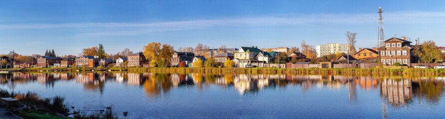 Bogorodsk, Nizhny Novgorod region, Russia, Street view of an ancient provincial Russian city on the shore of a lake on a summer evening. An ancient building of artisans, an architectural monument.