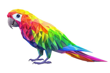Obraz premium Low-poly parrot with glowing rainbow patterns on its wings and tail, on a white background