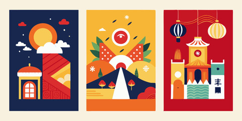 Abstract minimalist chinese-inspired posters collection for modern decor and design