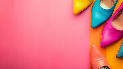 A collection of vibrant women's shoes showcasing bold colors on a pink backdrop in a stylish fashion setting