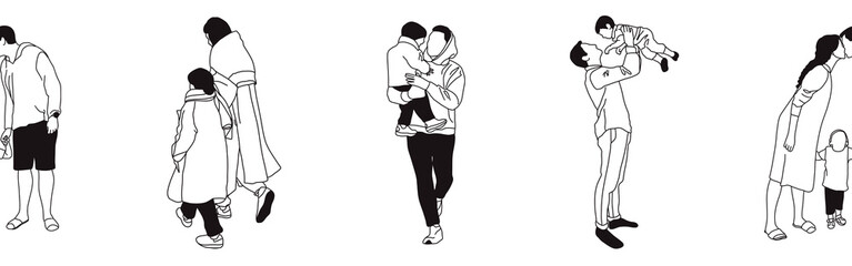 Hand-drawn doodle family border. Outline family clipart. Hand-drawn black art.