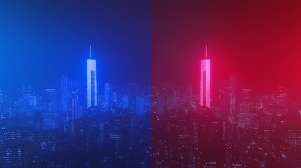 Fototapeta premium City of Contrast: Divided Skyline in Blue and Red Reflecting Diverse Values of Inhabitants