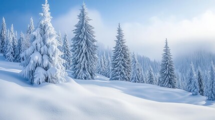 Fototapeta premium Snow-covered pine trees stand tall in a tranquil winter forest landscape during daylight