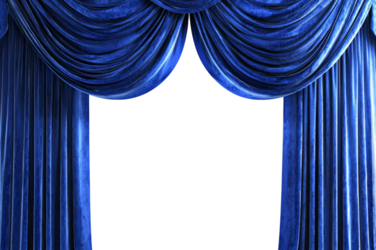 Luxurious blue velvet curtains slightly parted at the center, on white background