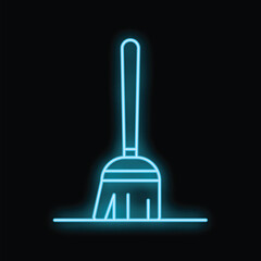 Obraz premium Blue glowing neon line in the shape of a broom is sweeping the floor on a black background