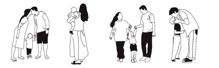 Hand-drawn doodle family icon set. Outline family clipart. Hand-drawn black art.