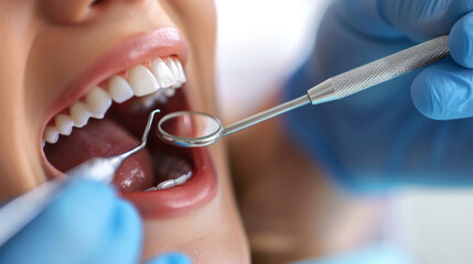 Dental hygienist using a scaler to clean teeth during a routine check-up in a modern dental office on a bright afternoon