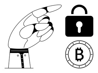 Hand pointing towards a padlock and Bitcoin symbol, representing digital security, blockchain technology, and cryptocurrency. Ideal for finance, cybersecurity, blockchain, digital economy, fintech