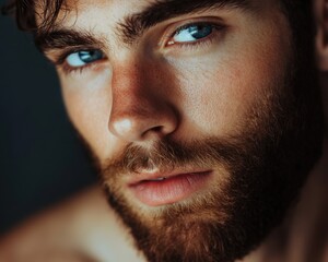 Obraz premium A close-up portrait of a man with a short beard highlighting his facial features and expression