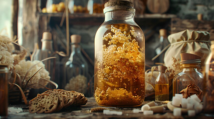 Elaborate Display of Traditional Kvass Fermentation Process and Ingredients