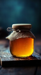 Fresh Honey Jar on Wooden Table, Creamy Yellow Liquid