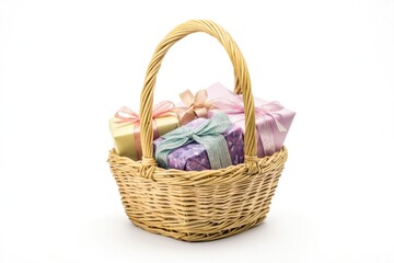 A cozy wicker basket filled with wrapped presents and gift wrapping supplies