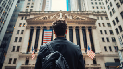 Fototapeta premium Young entrepreneur stands in front of Wall Street's historic façade, contemplating a startup business plan during a sunny afternoon