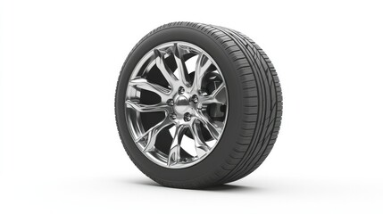 Obraz premium A close-up of a car wheel and tire on a white background, highlighting its design and durability for automotive advertising.