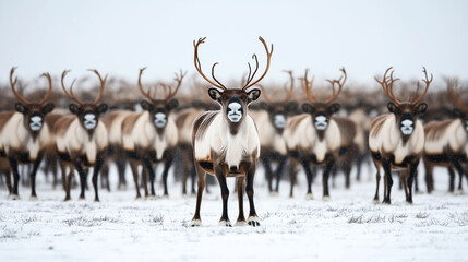A herd of reindeer with unusual mask-like patterns on their faces standing in a snowy landscape, with a focus on the centrally positioned reindeer.
