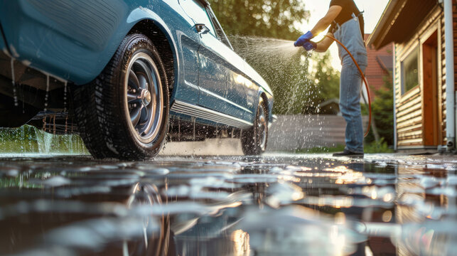 Someone washes a classic car in the driveway on a sunny day while water sprays from the hose onto the gleaming vehicle