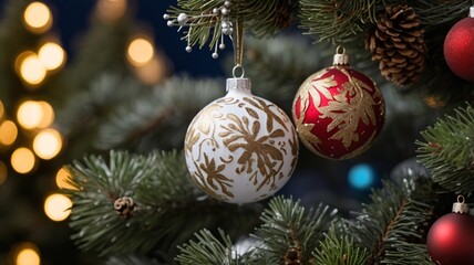 Christmas tree decorations, Christmas Tree With Baubles And Blurred Shiny Lights