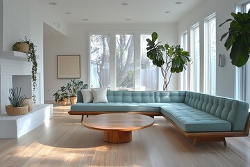 Naklejka premium A mid century modern interior in a living room with a sofa and table and windows. Generative AI 